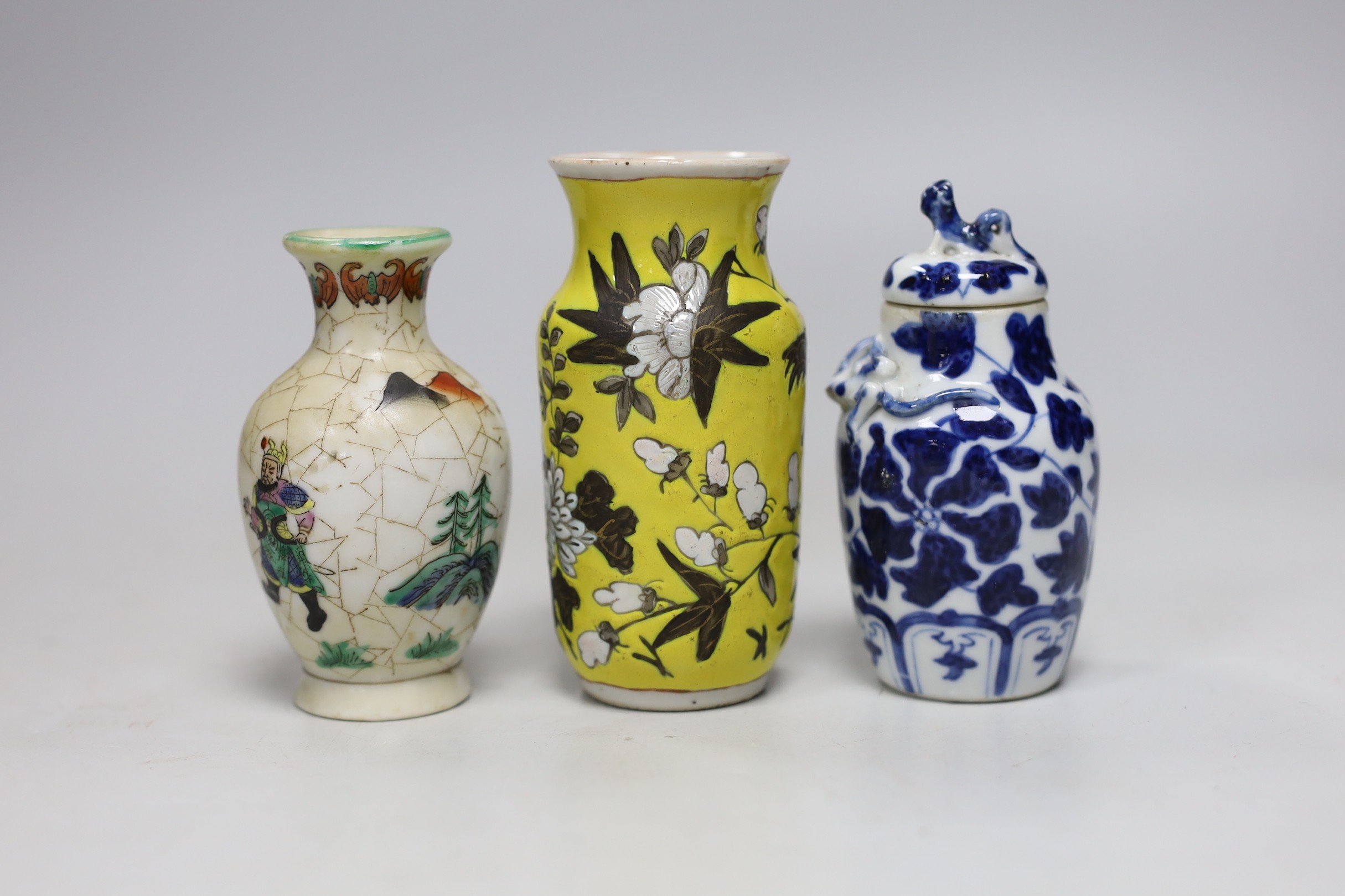 Two 19th century Chinese porcelain small vases and a small famille rose vase, tallest 11cm high